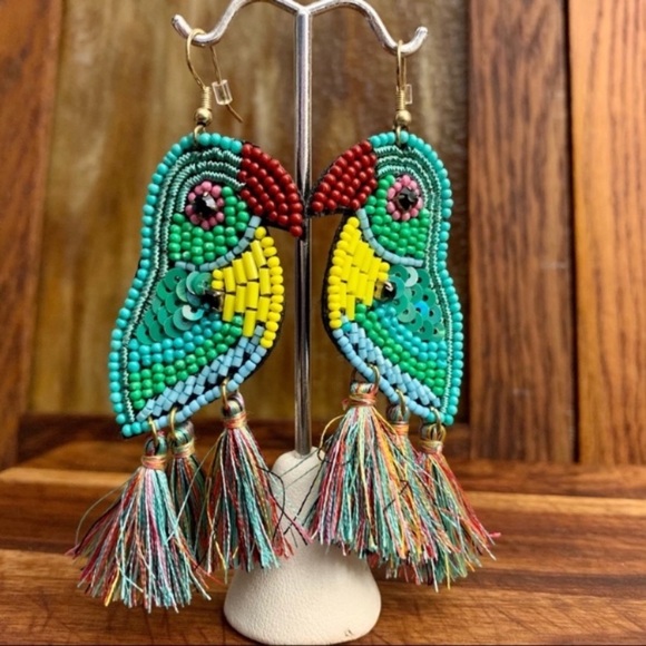 Multi Bead Sequin Parrot Tassel Dangle Earrings Turquoise Multi - Picture 2 of 6
